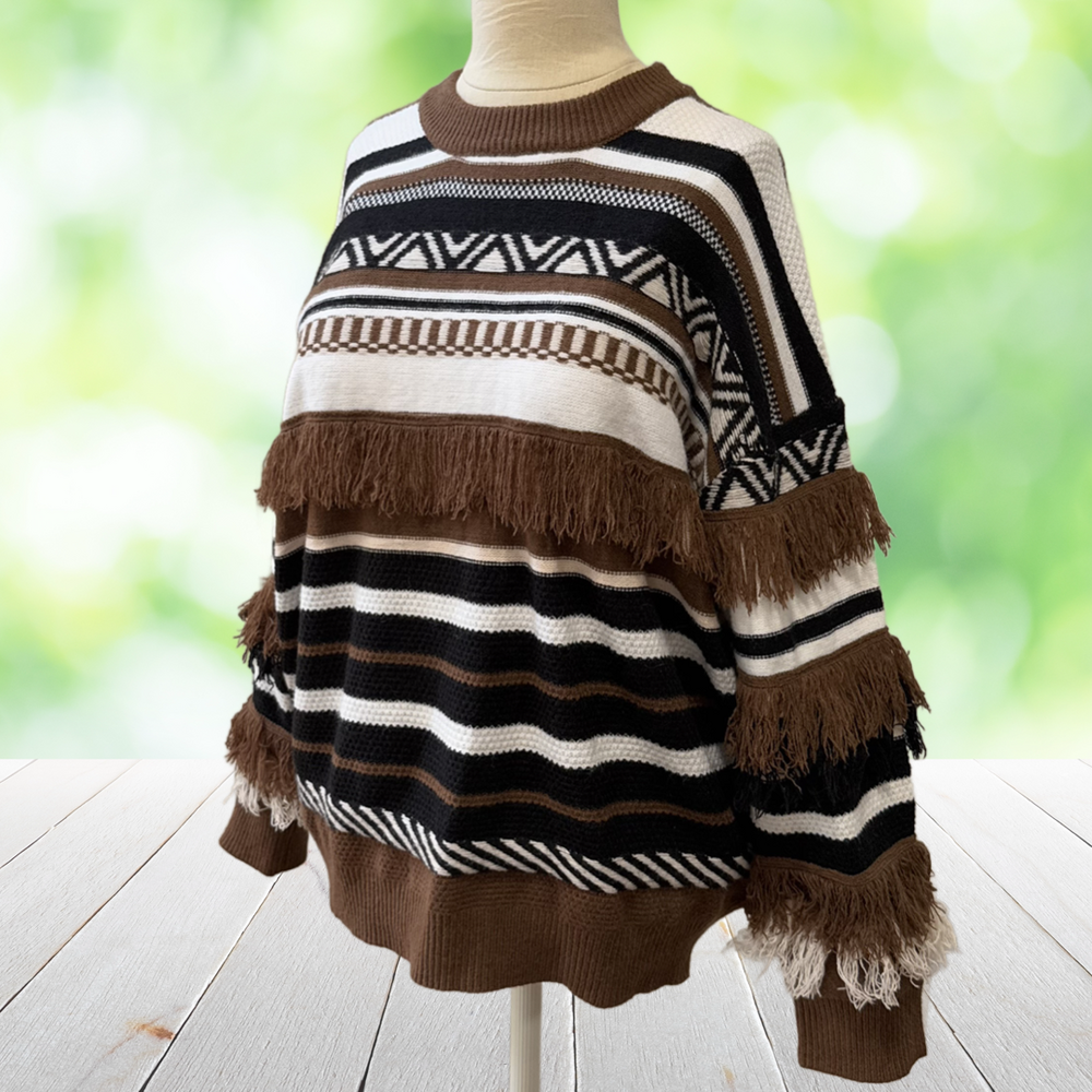 New ANDTHEWHY Fringe Sweater Western Boho Striped Pullover Cozy Oversized Sz M/L
